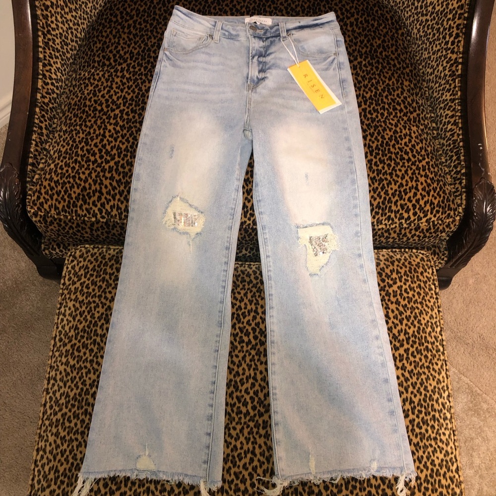 Light Blue Distressed Wide-Leg Jeans - Women's Flare